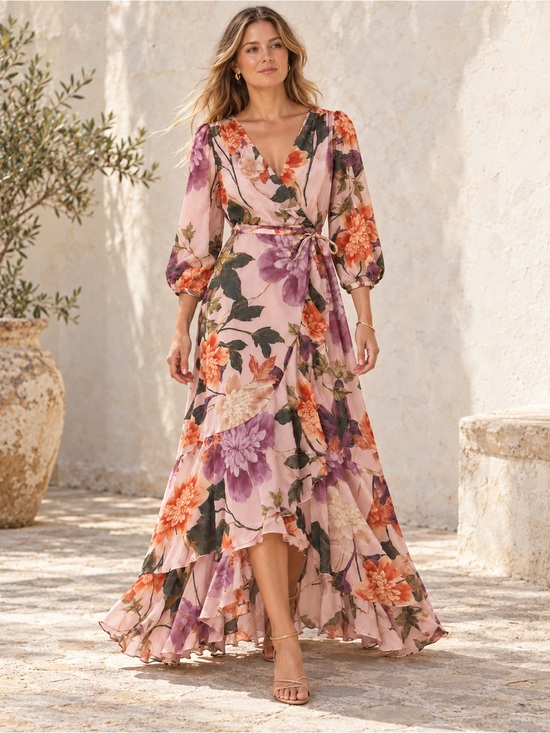 Danny & Nicole Dresses & Skirts - ELEGANT FLORAL WRAP MAXI DRESS 3/4 SLEEVE V-NECK TIERED RUFFLE HEM Women’s 16